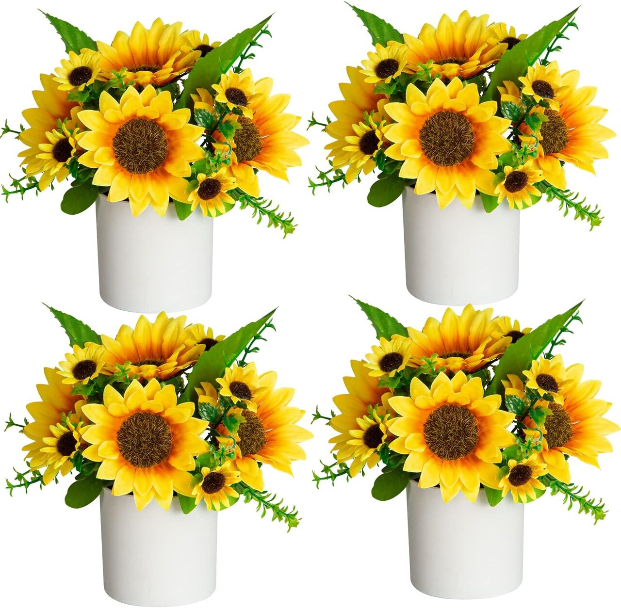 Set of 4 Mini Artificial Sunflowers in Pots – Faux Floral Décor for Home, Office & Events